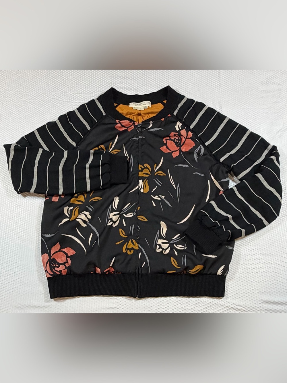 Saltwater Luxe Women’s LG Crossfire Floral Striped Bomber Jacket Black Mustard